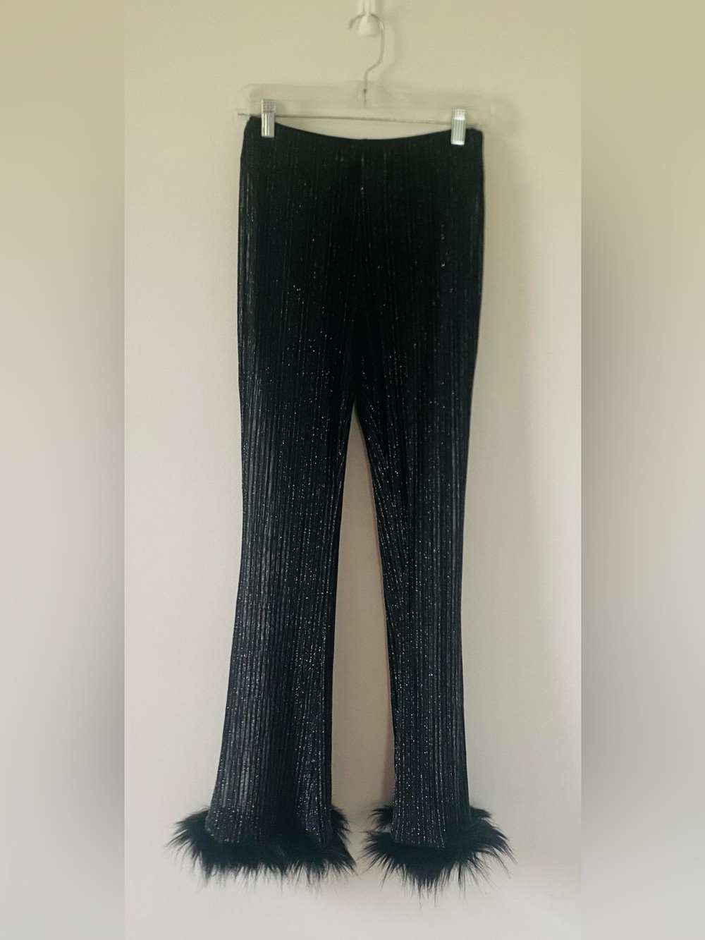 Black Shimmer Sheer Ribbed Flare Festival Boho Pants Size M, Maximalist, Rave